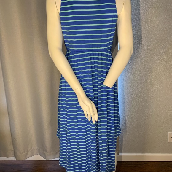 Cotton blue and teal stripped dress, short in front, long in back, lace patch - Picture 2 of 3